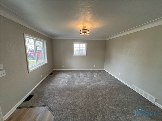 empty room with carpet, a textured ceiling, plenty of natural light, and crown molding