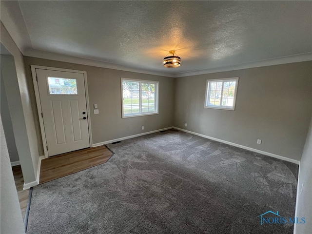 carpeted entryway with ornamental molding, a textured ceiling, and a healthy amount of sunlight