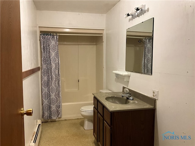 full bathroom with shower / bath combo, a baseboard radiator, vanity, and toilet