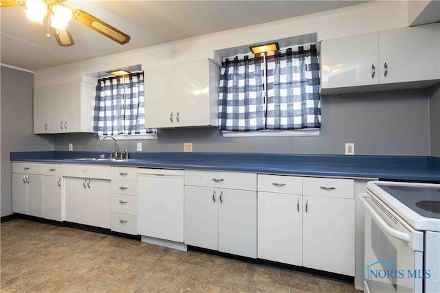 kitchen with white cabinets, sink, white appliances, and ceiling fan