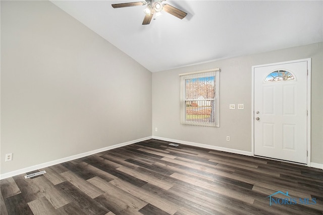 entrance foyer featuring lofted ceiling, dark wood-type flooring, and ceiling fan