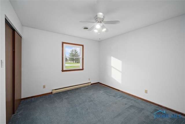 unfurnished bedroom with carpet flooring, ceiling fan, a closet, and a baseboard radiator