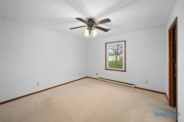 unfurnished bedroom with a baseboard radiator, ceiling fan, and light colored carpet