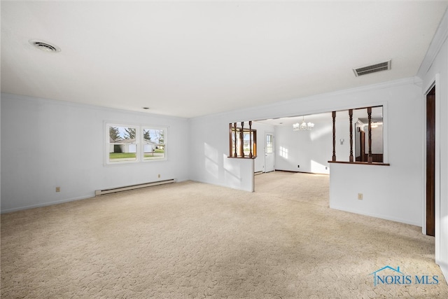 unfurnished living room with a chandelier, ornamental molding, light carpet, and a baseboard heating unit