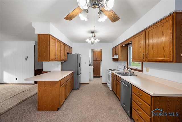 kitchen featuring light carpet, appliances with stainless steel finishes, ceiling fan with notable chandelier, and sink