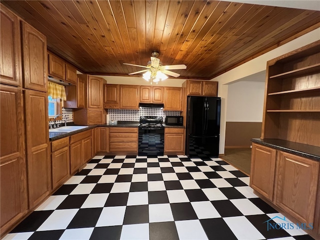 kitchen with backsplash, wood ceiling, ceiling fan, sink, and black appliances