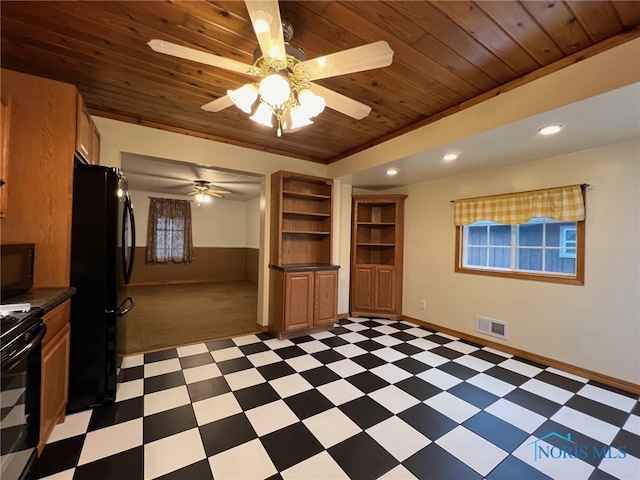 interior space with dark colored carpet, ceiling fan, wood ceiling, and ornamental molding