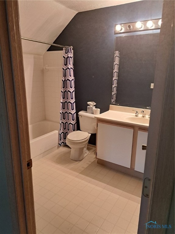 full bathroom featuring shower / bathtub combination with curtain, tile patterned flooring, lofted ceiling, toilet, and vanity