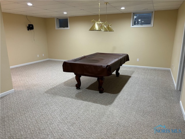 playroom featuring carpet, a paneled ceiling, and billiards