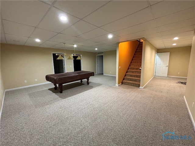 rec room featuring carpet flooring, a drop ceiling, and pool table