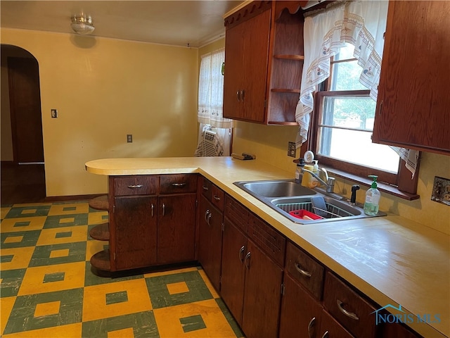 kitchen with sink, dark brown cabinets, and kitchen peninsula