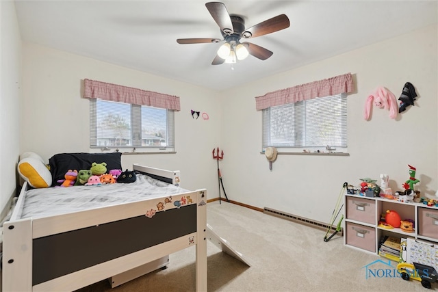 bedroom featuring ceiling fan and light colored carpet