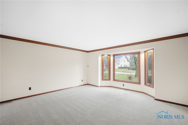 carpeted spare room featuring crown molding