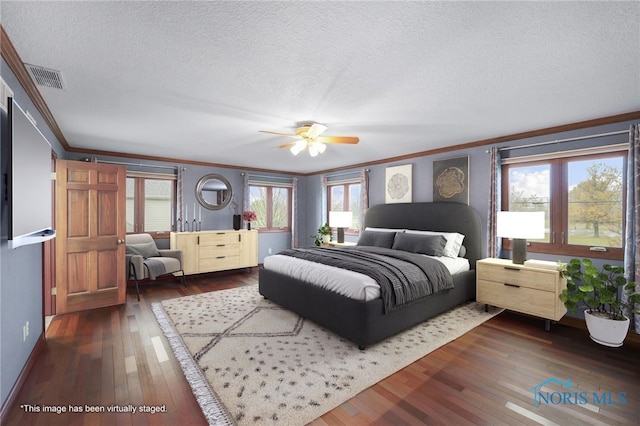 bedroom featuring a textured ceiling, dark hardwood / wood-style flooring, and multiple windows