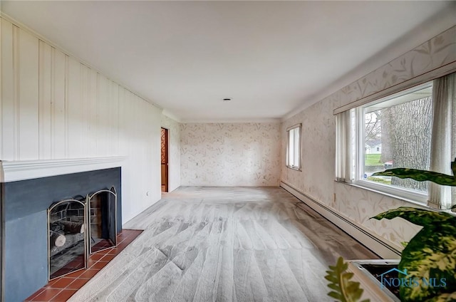 1362 Conneaut Ave, Bowling Green, OH 43402 - unfurnished living room featuring wood finished floors, a baseboard radiator, a fireplace with flush hearth, and wallpapered walls