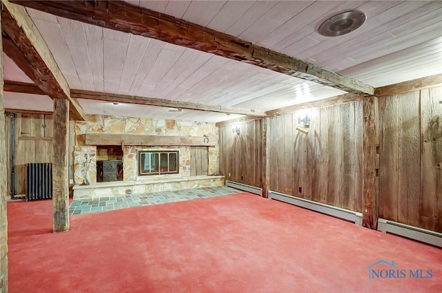 1362 Conneaut Ave, Bowling Green, OH 43402 - unfurnished living room with a stone fireplace, wood walls, carpet flooring, wood ceiling with exposed beams, and a baseboard heating unit