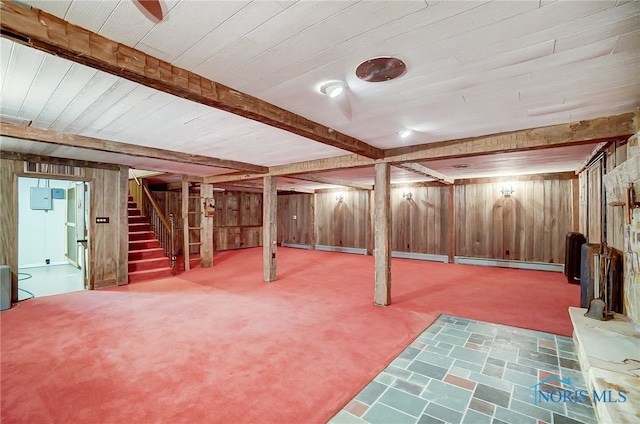 basement featuring carpet, wood walls, and a baseboard radiator