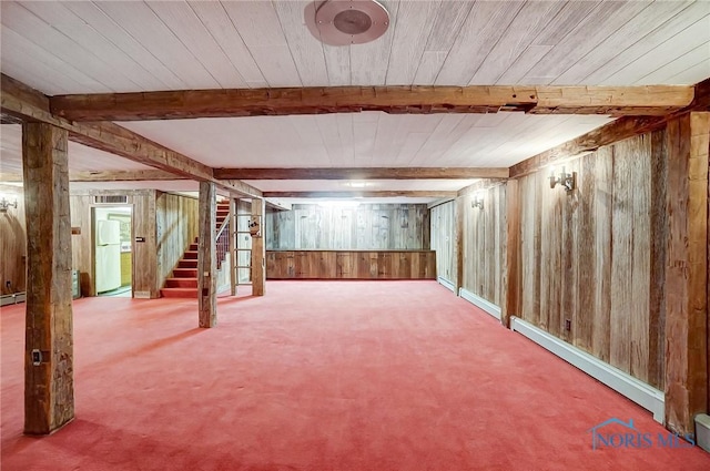 1362 Conneaut Ave, Bowling Green, OH 43402 - finished basement with wooden walls, a baseboard heating unit, carpet, stairs, and wood ceiling