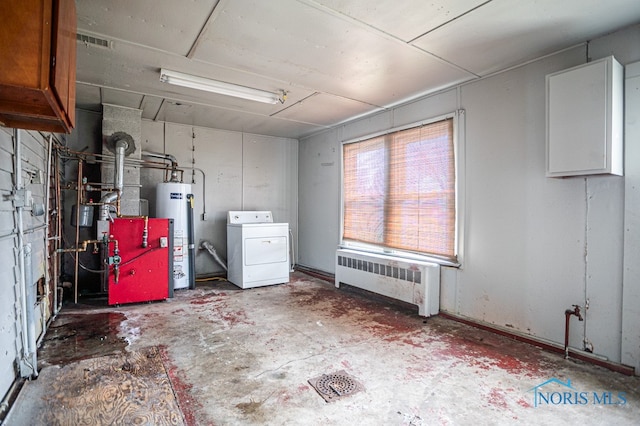 basement with washer / clothes dryer, radiator heating unit, and gas water heater