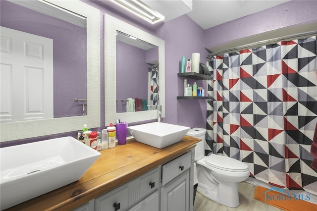 bathroom featuring hardwood / wood-style floors, vanity, a shower with shower curtain, and toilet