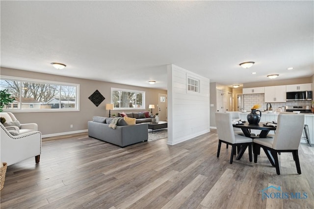 dining space featuring light hardwood / wood-style floors and sink