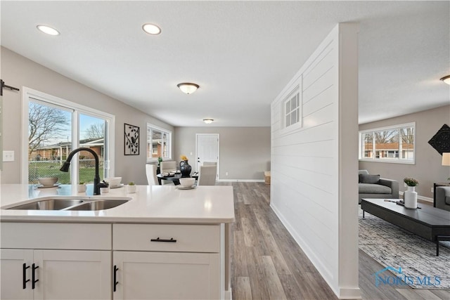 kitchen with white cabinets, light hardwood / wood-style flooring, plenty of natural light, and sink