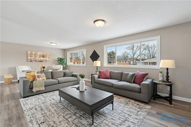 living room featuring a textured ceiling and hardwood / wood-style flooring