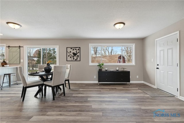 dining area with wood-type flooring, a barn door, and a healthy amount of sunlight