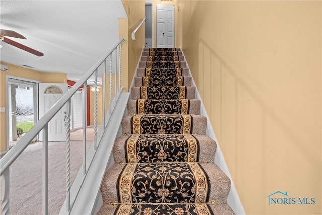 stairway with carpet and ceiling fan