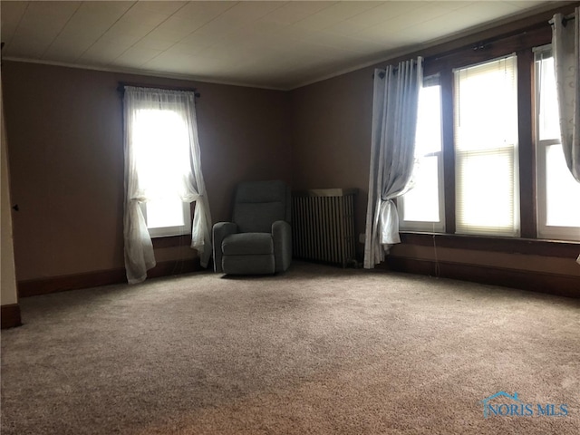 unfurnished room featuring radiator, carpet floors, and ornamental molding