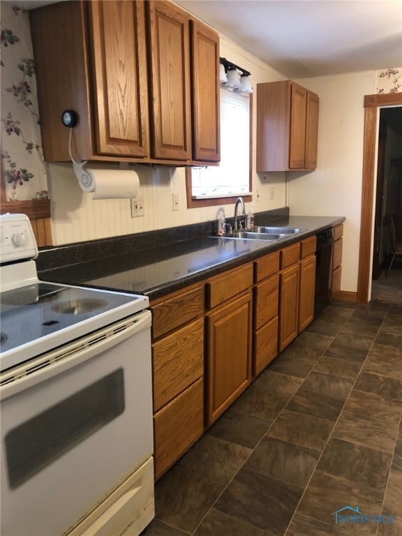 kitchen featuring electric stove, sink, and black dishwasher