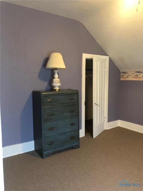 interior space with a closet, dark carpet, and lofted ceiling