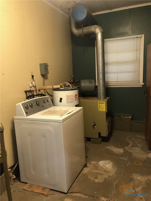 clothes washing area with washer / clothes dryer and water heater