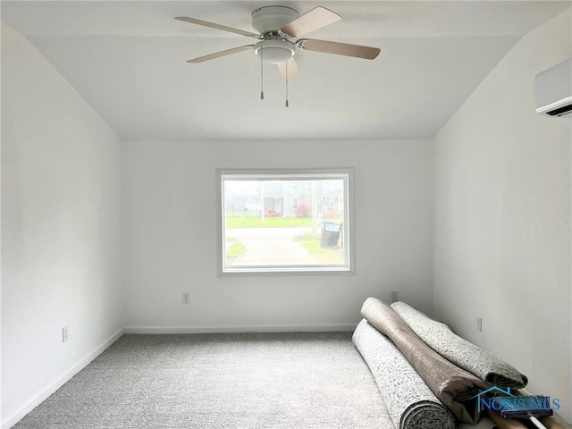 unfurnished room featuring carpet flooring, ceiling fan, an AC wall unit, and vaulted ceiling