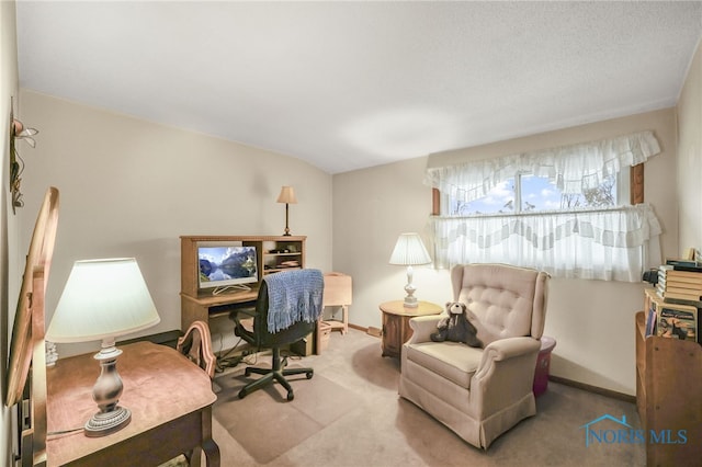 office area with lofted ceiling and carpet floors