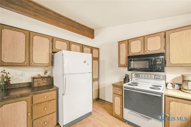 kitchen with vaulted ceiling with beams, white appliances, and light hardwood / wood-style flooring