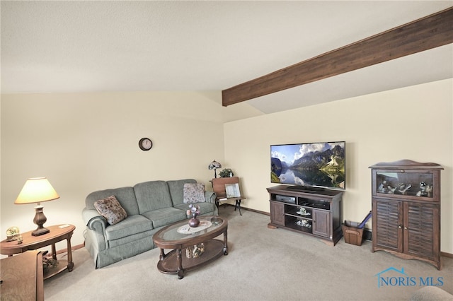 living room featuring carpet and vaulted ceiling with beams