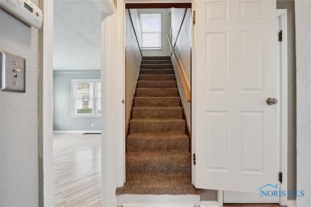 staircase featuring a textured ceiling and hardwood / wood-style flooring