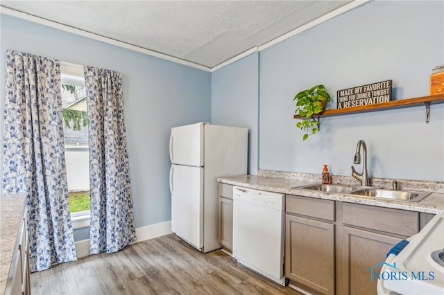 kitchen featuring a textured ceiling, white appliances, light hardwood / wood-style floors, and sink