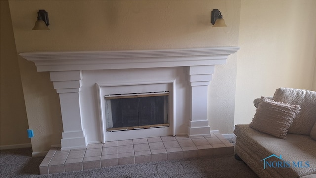 interior details with carpet and a fireplace