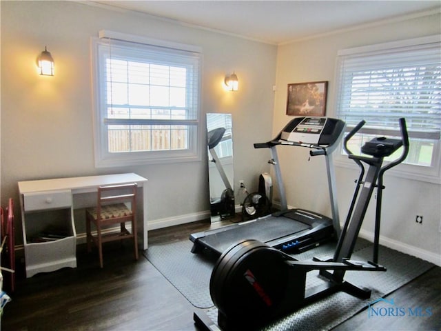 exercise area featuring dark wood-type flooring and ornamental molding