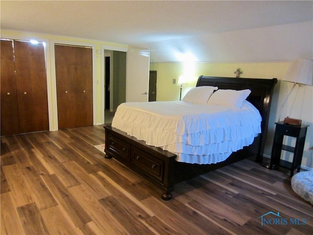 bedroom featuring multiple closets and dark hardwood / wood-style floors