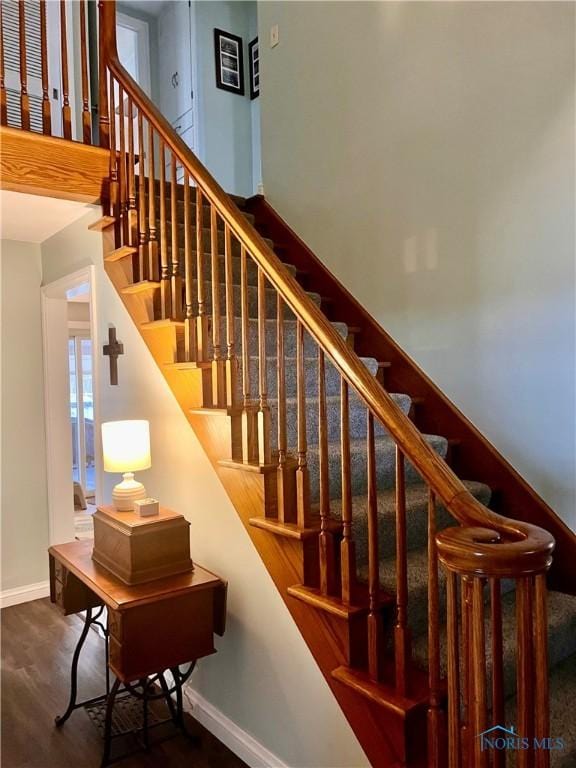 staircase with hardwood / wood-style flooring