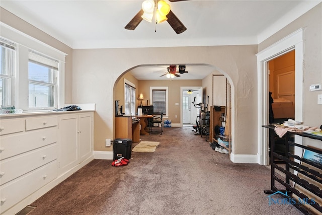 interior space featuring ceiling fan and carpet