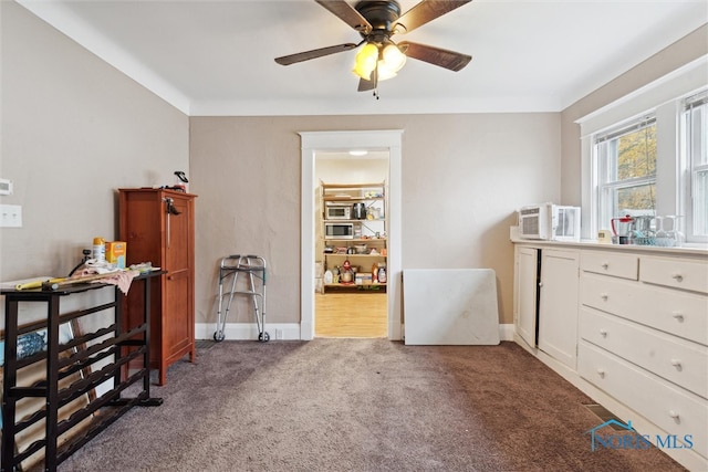 interior space featuring ceiling fan and carpet