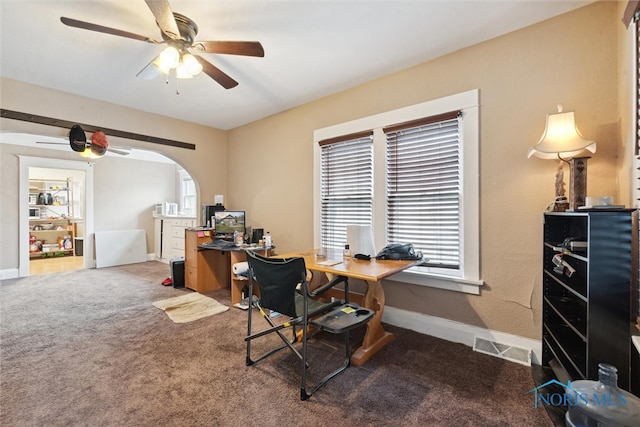 carpeted office featuring a wealth of natural light and ceiling fan