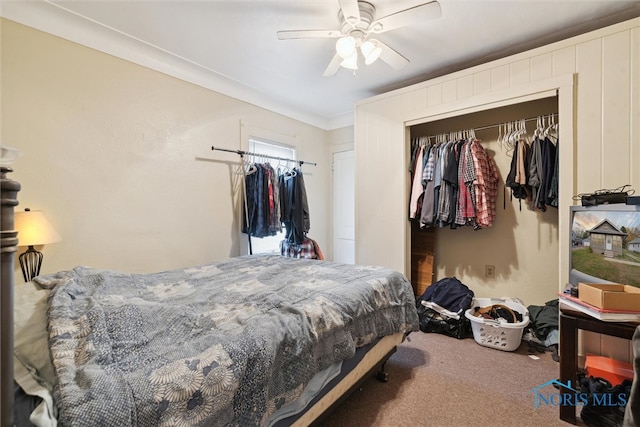 carpeted bedroom with a closet, crown molding, and ceiling fan