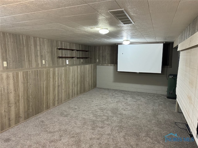 carpeted cinema featuring wooden walls