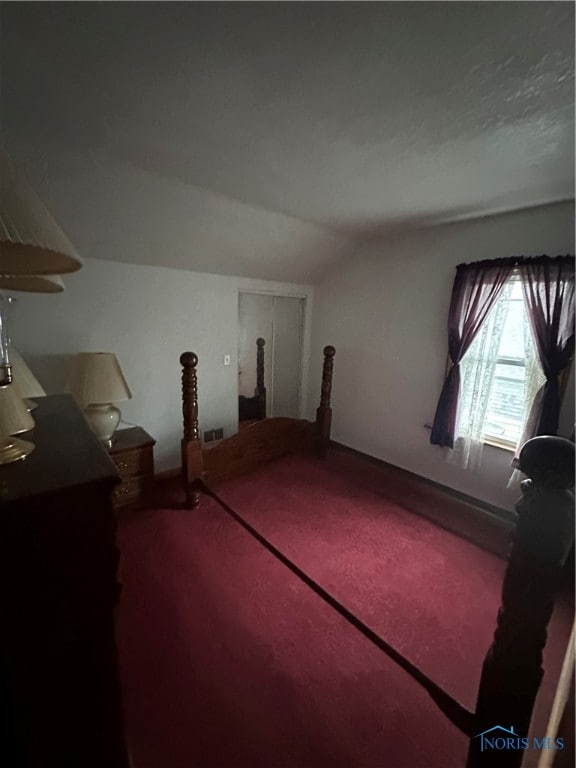 unfurnished bedroom featuring carpet flooring, vaulted ceiling, and a closet