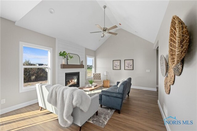 living room featuring a fireplace, hardwood / wood-style floors, high vaulted ceiling, and ceiling fan